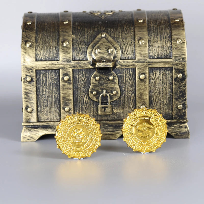 Cofre del tesoro pirata de plástico con monedas de oro para fiesta de piratas, cofre del tesoro para niños, cofre del tesoro con monedas de oro, juguete