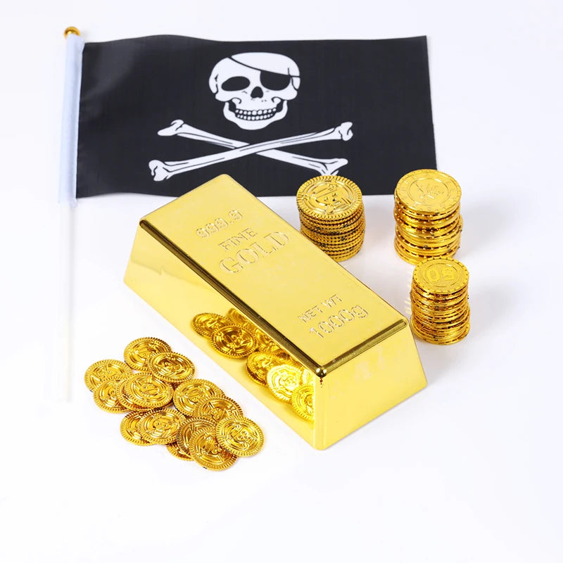 Cofre del tesoro pirata de plástico con monedas de oro para fiesta de piratas, cofre del tesoro para niños, cofre del tesoro con monedas de oro, juguete