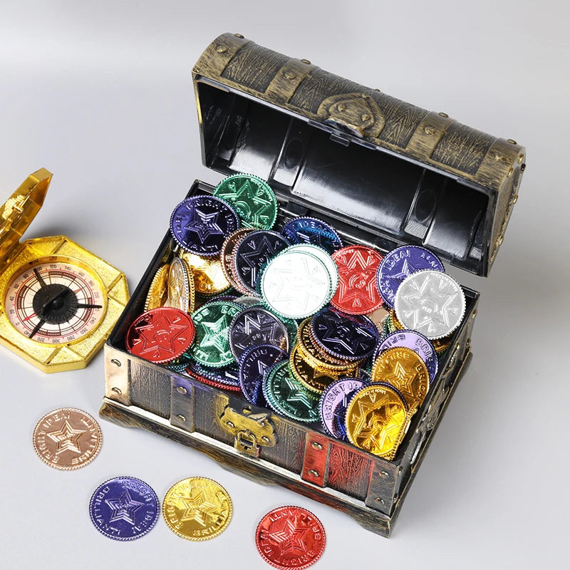 Cofre del tesoro pirata de plástico con monedas de oro para fiesta de piratas, cofre del tesoro para niños, cofre del tesoro con monedas de oro, juguete