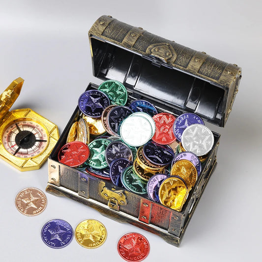 Cofre del tesoro pirata de plástico con monedas de oro para fiesta de piratas, cofre del tesoro para niños, cofre del tesoro con monedas de oro, juguete