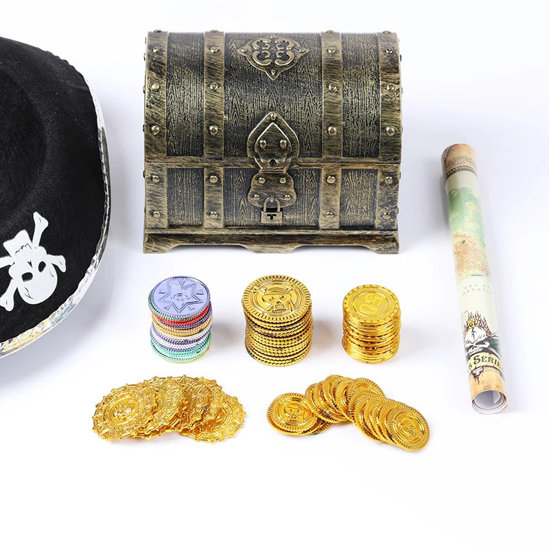 Cofre del tesoro pirata de plástico con monedas de oro para fiesta de piratas, cofre del tesoro para niños, cofre del tesoro con monedas de oro, juguete