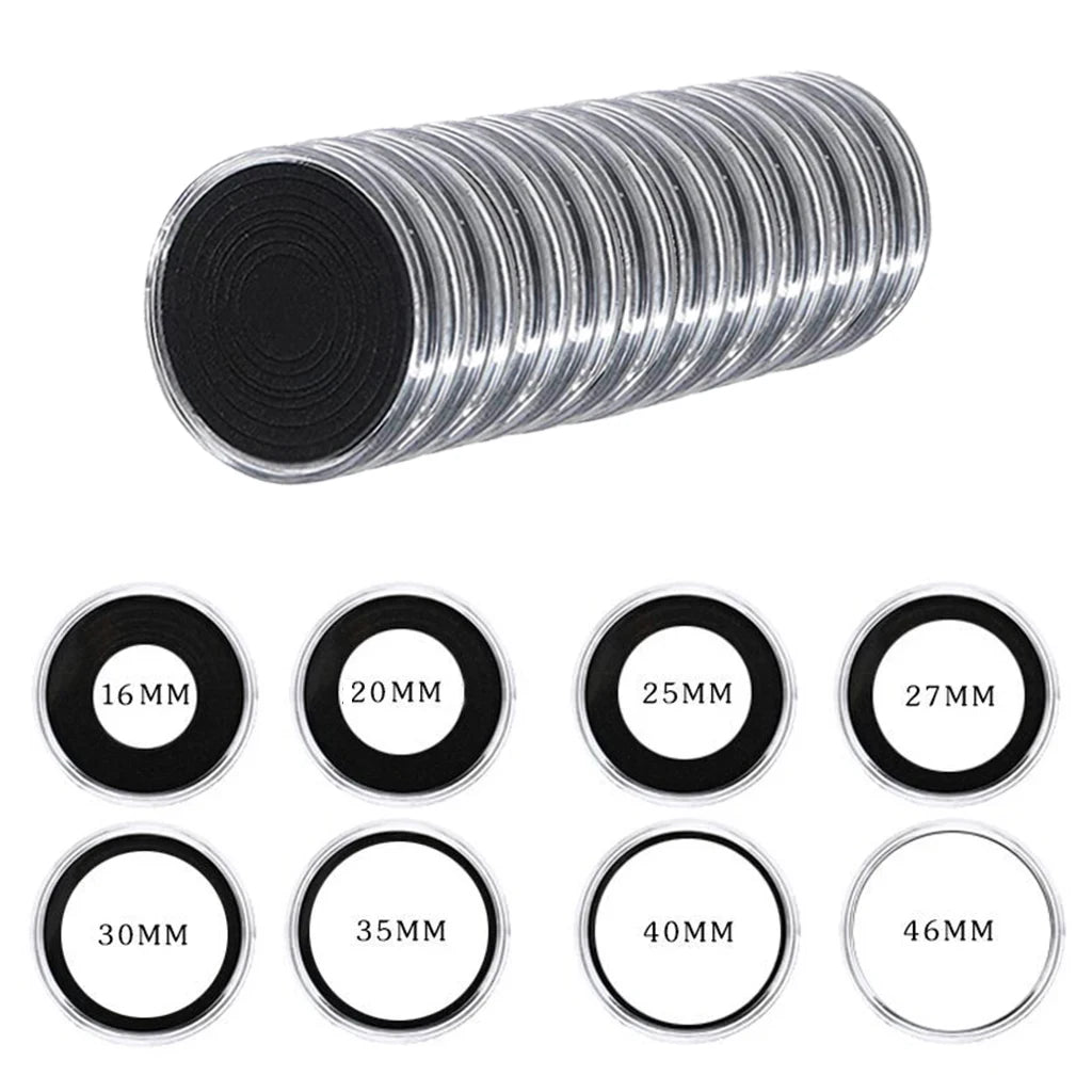 48 PCS Clear Coin Capsules with Gasket + Organizer Pouch — 16‑46 mm