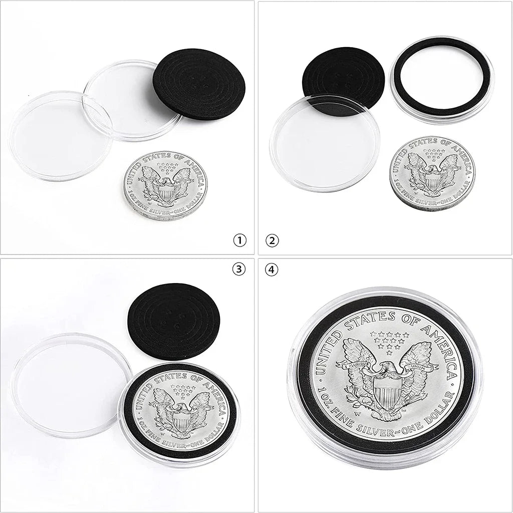 48 PCS Clear Coin Capsules with Gasket + Organizer Pouch — 16‑46 mm