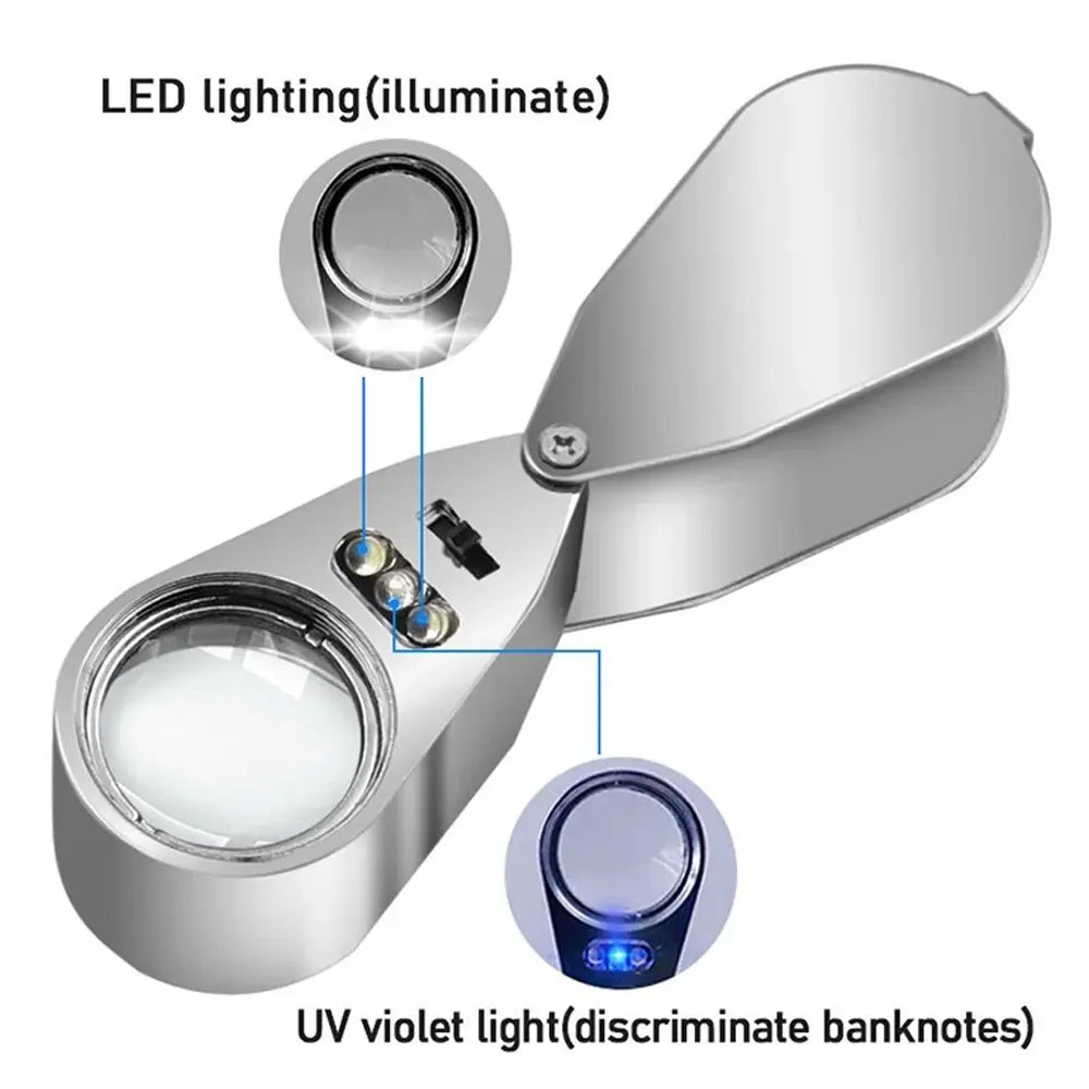 Loupe multifonctionnelle pour bijoux 40X - Lumière LED et UV, conception pliable