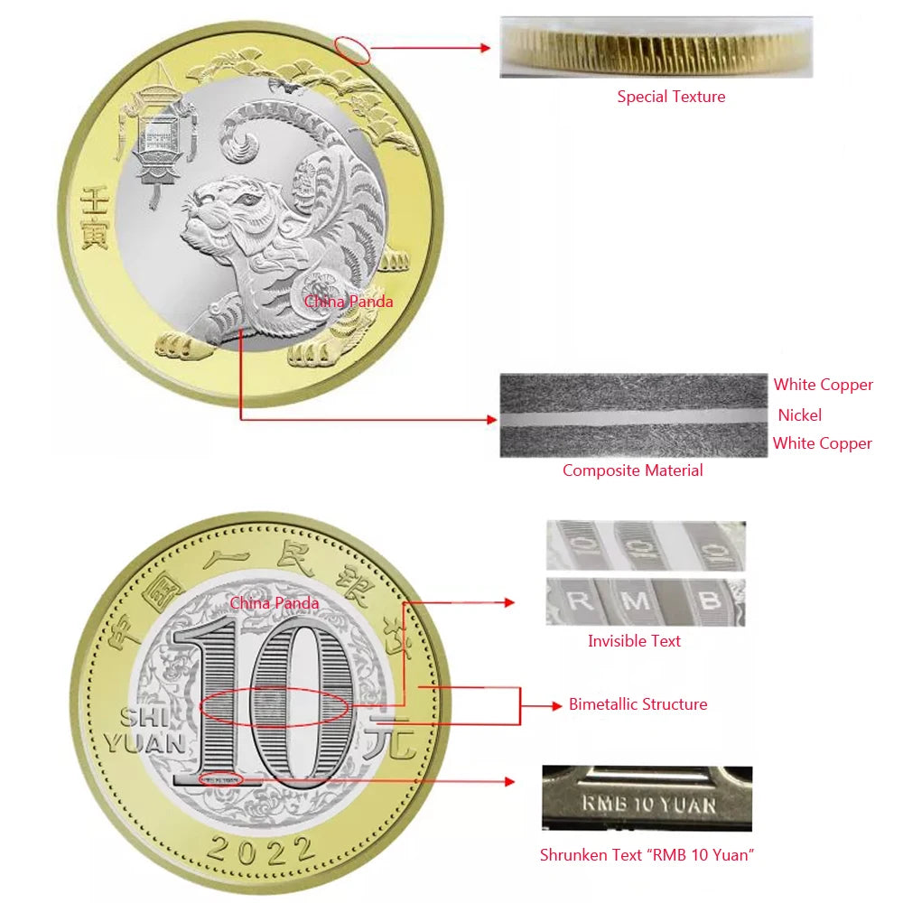 Moneda del zodiaco chino 2022 - Año del Tigre, bimetálica, 10 yuanes, PCGS/CSIC MS68