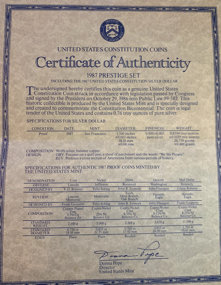 1987 United States Constitution Prestige Set - Certified Authentic Proof Coins