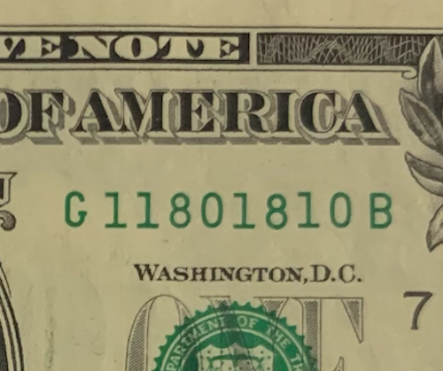 Rare 2017 $1 Federal Reserve Note - Special Serial Number G11801810B