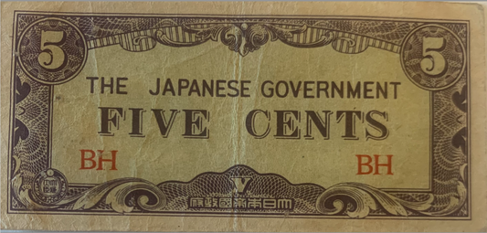 Vintage WWII Era 5 Cents Japanese Government Note - Burma