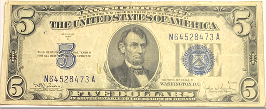 Rare 1934 $5 Silver Certificate – Blue Seal – Historic U.S. Currency