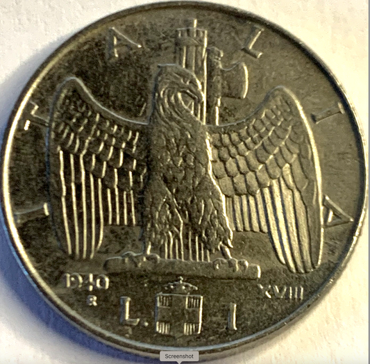 Unique Italy 1 Lira 1940 Coin – Stainless Steel, King Vittorio Emanuele III Era Collector’s Item