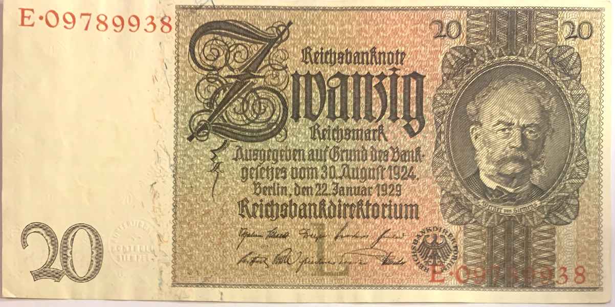 Collectible 1929 Germany 20 Reichsmark Note – Vintage Reichsbank Paper Banknote P#181a