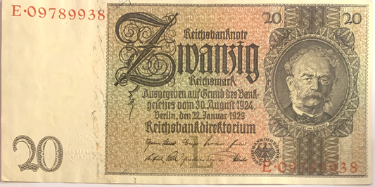 Collectible 1929 Germany 20 Reichsmark Note – Vintage Reichsbank Paper Banknote P#181a