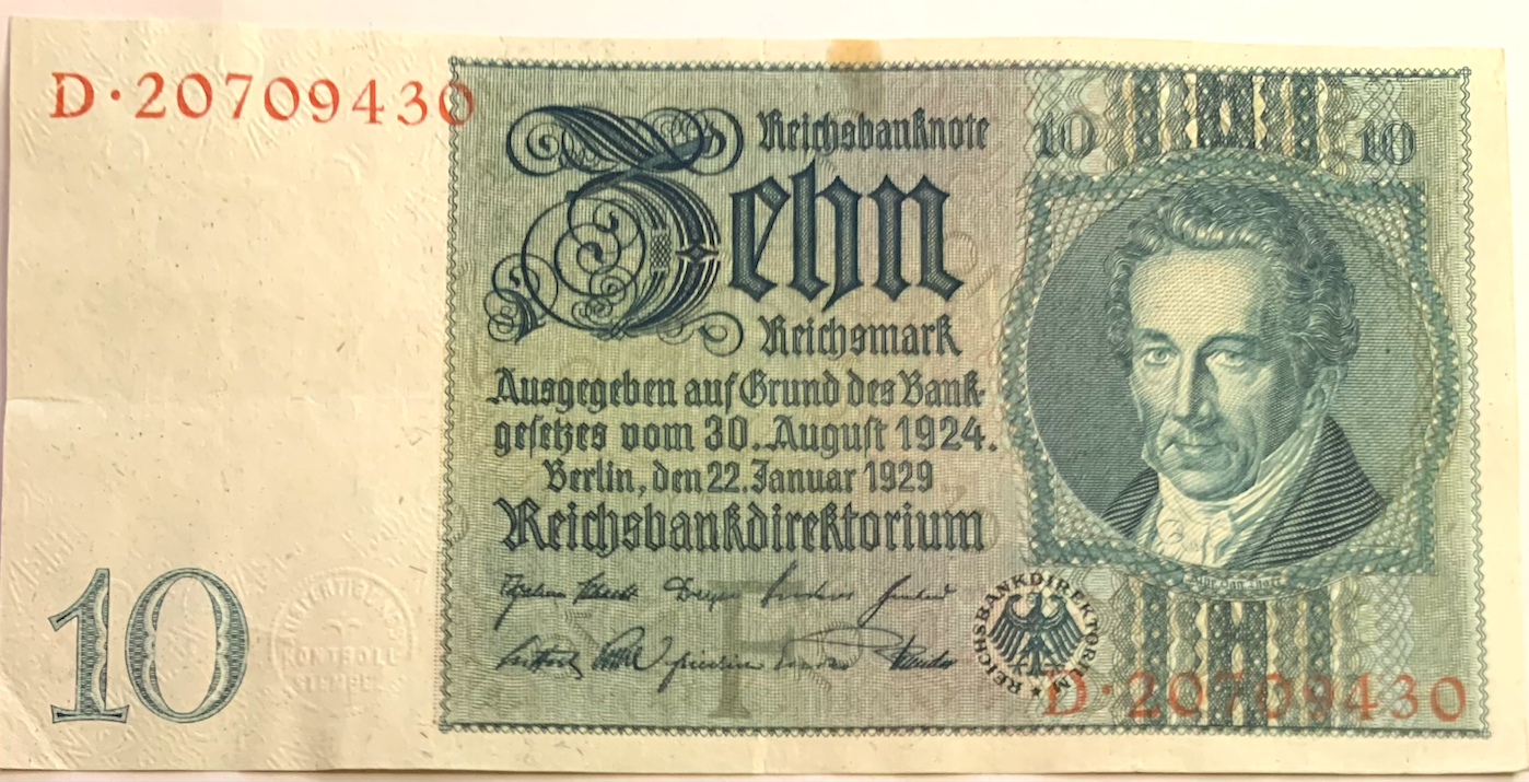 Collectible 1929 Germany 10 Reichsmark Note – Authentic Reichsbank Paper Currency with Unique Portraits
