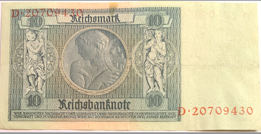 Collectible 1929 Germany 10 Reichsmark Note – Authentic Reichsbank Paper Currency with Unique Portraits