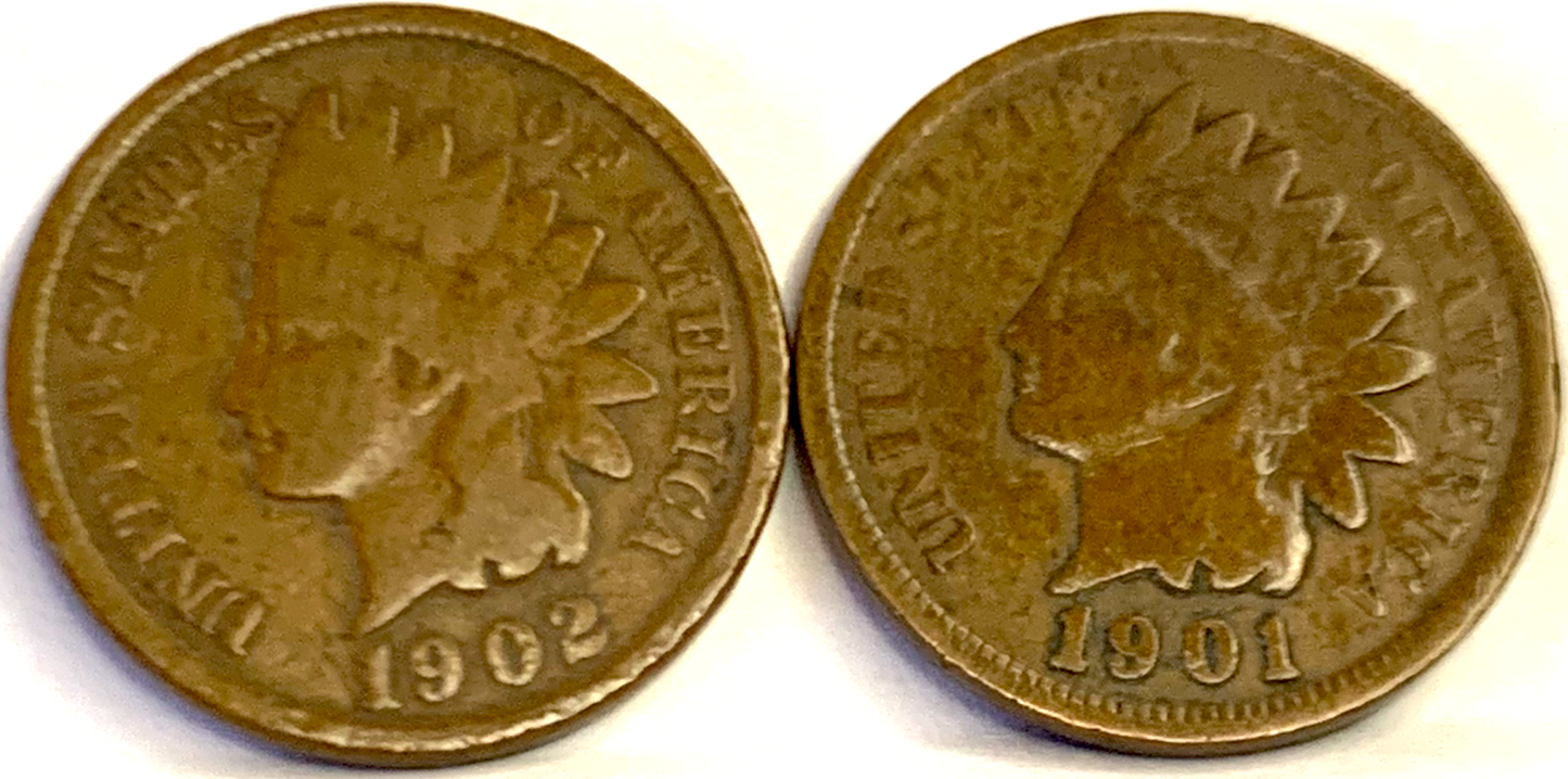 Exclusive Set: 1901 & 1902 Indian Head Cents – Vintage Philadelphia Mint Pennies