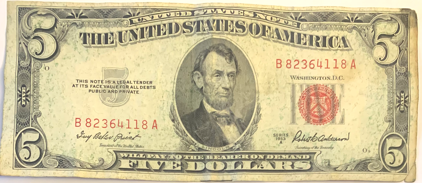 Historic 1953-A Red Seal $5 Note – Rare U.S. Currency With Ivy Baker Priest Signature