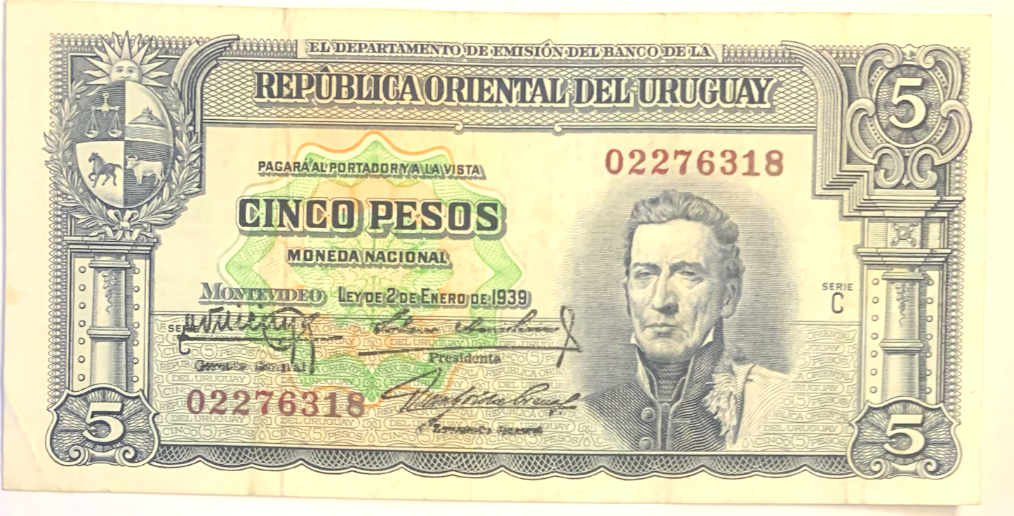 Vintage BROU 5 Pesos 1948 Banknote – Law of 1939 Series for Currency Collectors