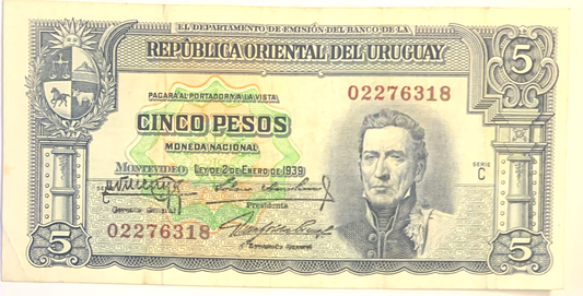 Vintage BROU 5 Pesos 1948 Banknote – Law of 1939 Series for Currency Collectors