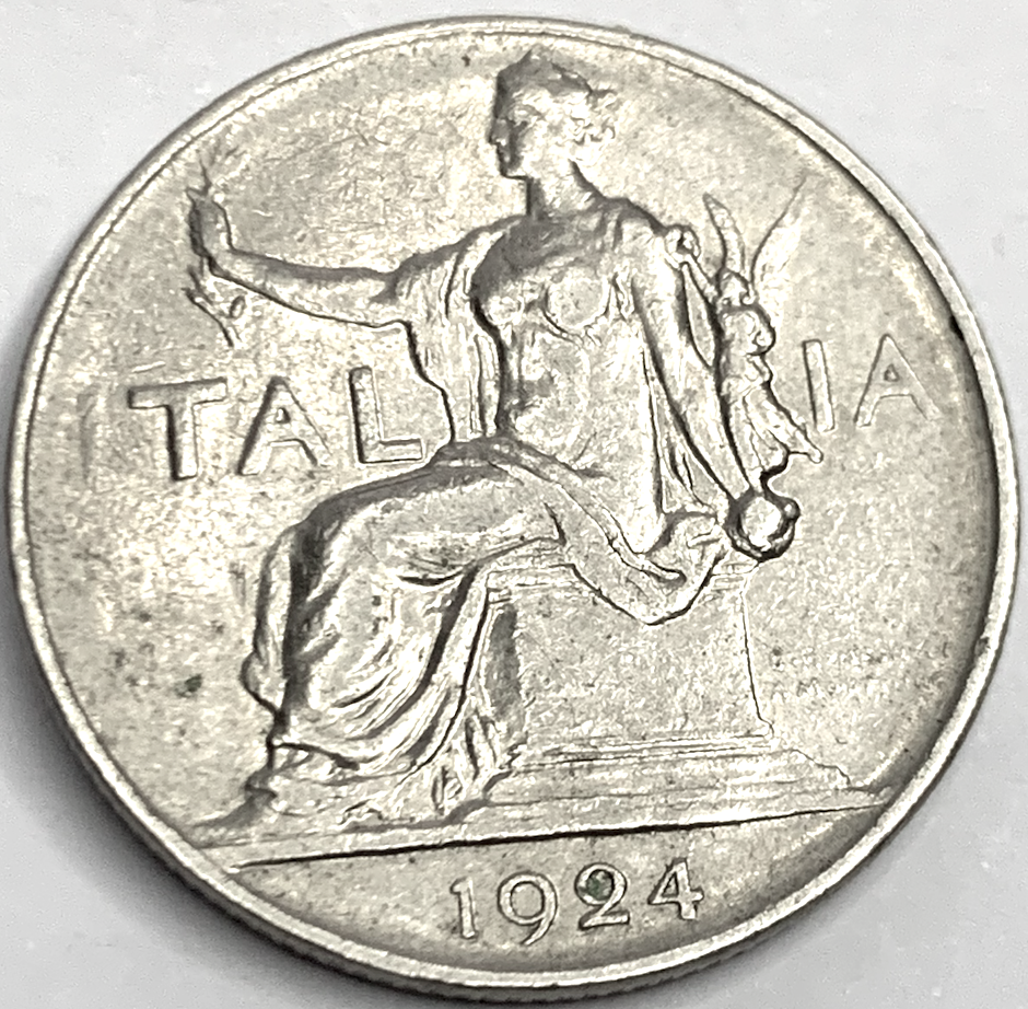 Rare 1924 Italian 1 Lira – Vittorio Emanuele III Nickel Circulation Coin