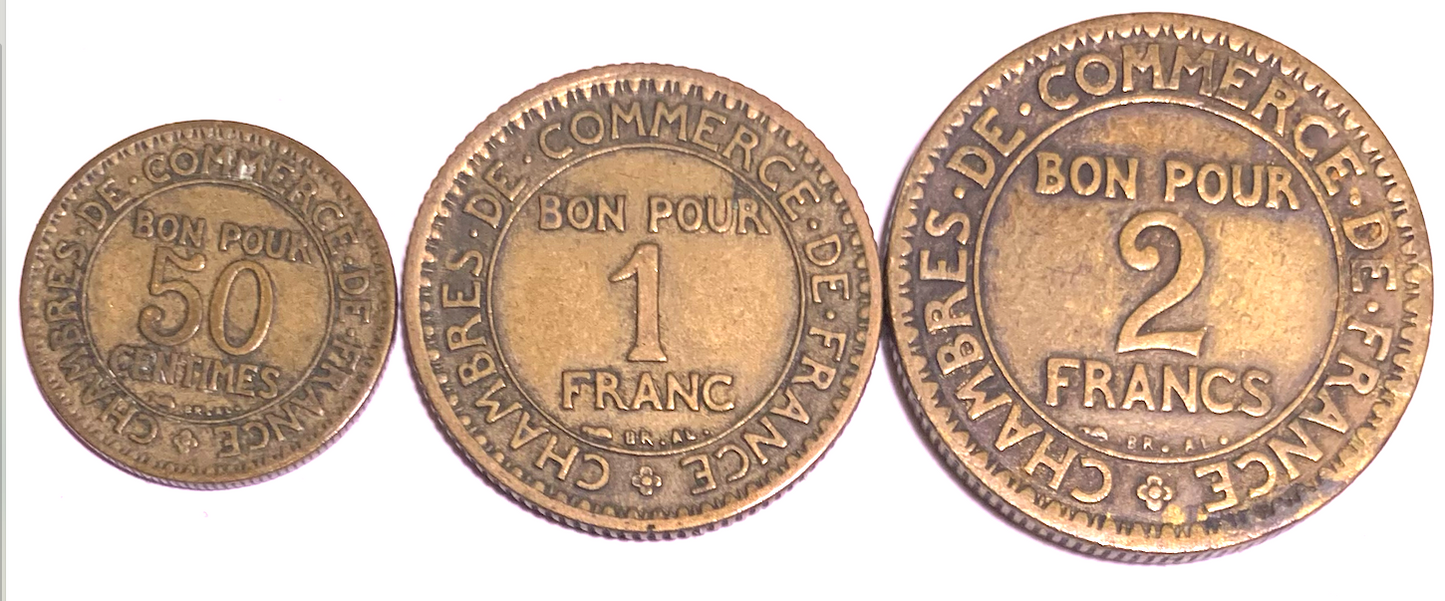 Best Seller: France 1921 2F, 1F &amp; 1922 50c—Third Republic Bronze Trio