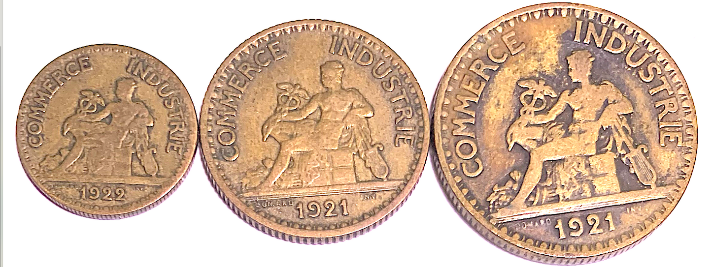 Best Seller: France 1921 2F, 1F &amp; 1922 50c—Third Republic Bronze Trio