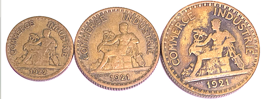 Best Seller: France 1921 2F, 1F &amp; 1922 50c—Third Republic Bronze Trio