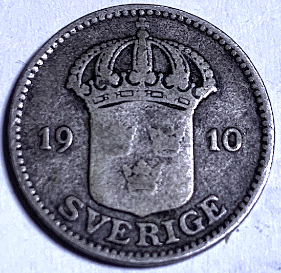 Extremely Rare 1910 Sweden 25 Öre – Gustav V First Year of Issue | .600 Silver KM#785
