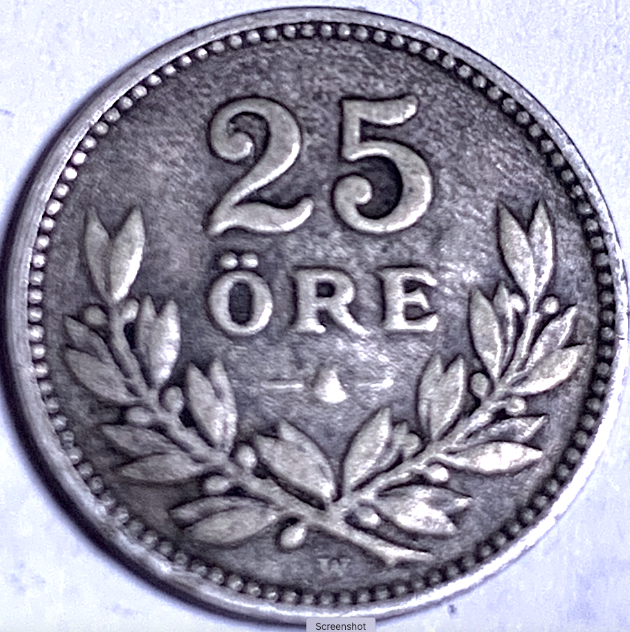 Extremely Rare 1910 Sweden 25 Öre – Gustav V First Year of Issue | .600 Silver KM#785