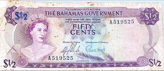 1965 The Bahamas ½ Dollar Note “The Currency Note Act 1965” QE II Legal Tender