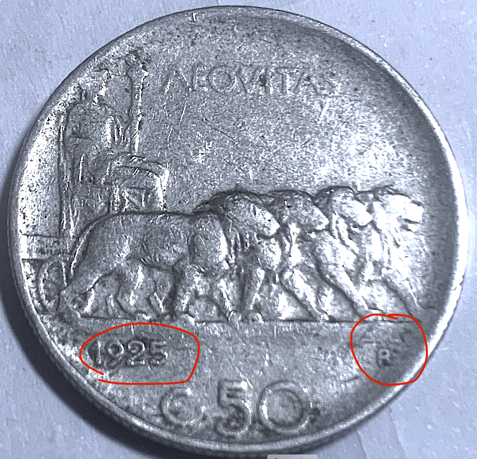 Italy 1925 50 Centesimi • KM#61 • Vittorio Emanuele III • Rome Mint • 24.88M