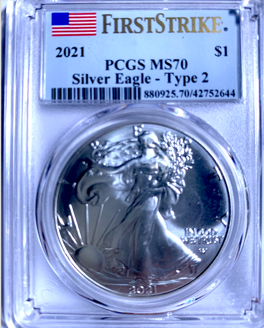 2021 Silver Eagle $1 Type 2 MS70 – First Strike, KM# A2087, 14.9M Mintage