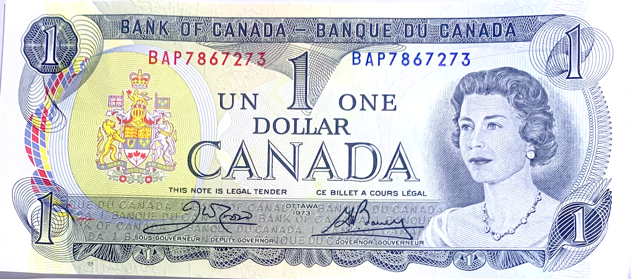 Canada $1 1973 BAX Prefix – Queen Elizabeth II, BC-46bA, 1.56M Issued