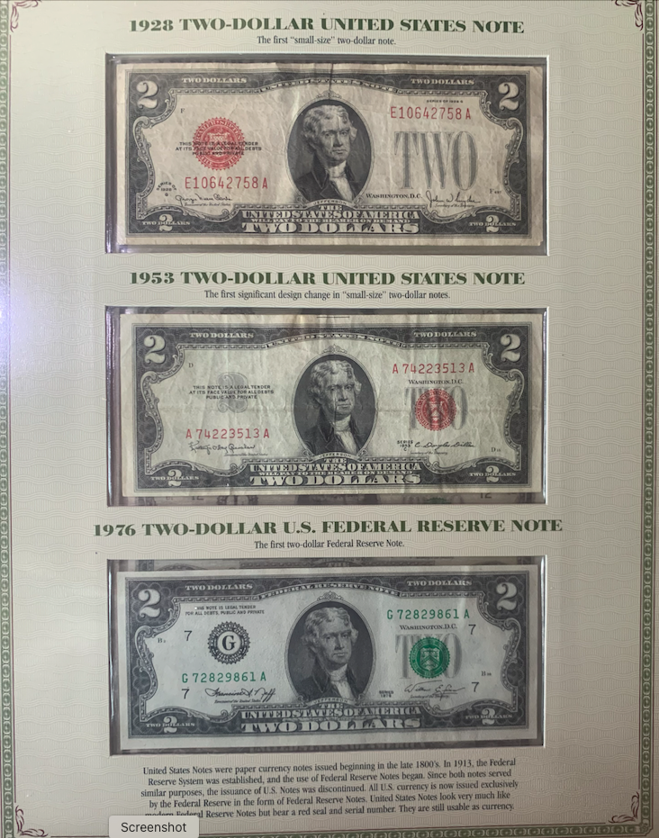 PCS $2 Notes Folio | 1928–1976 incl. Red Seal &amp; Uncut | Serial &amp; Value Listed