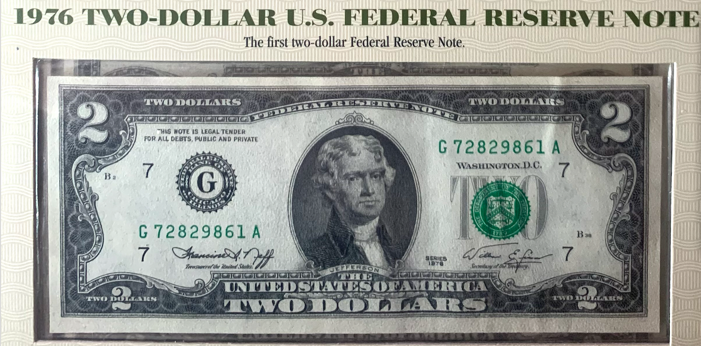 PCS $2 Notes Folio | 1928–1976 incl. Red Seal &amp; Uncut | Serial &amp; Value Listed