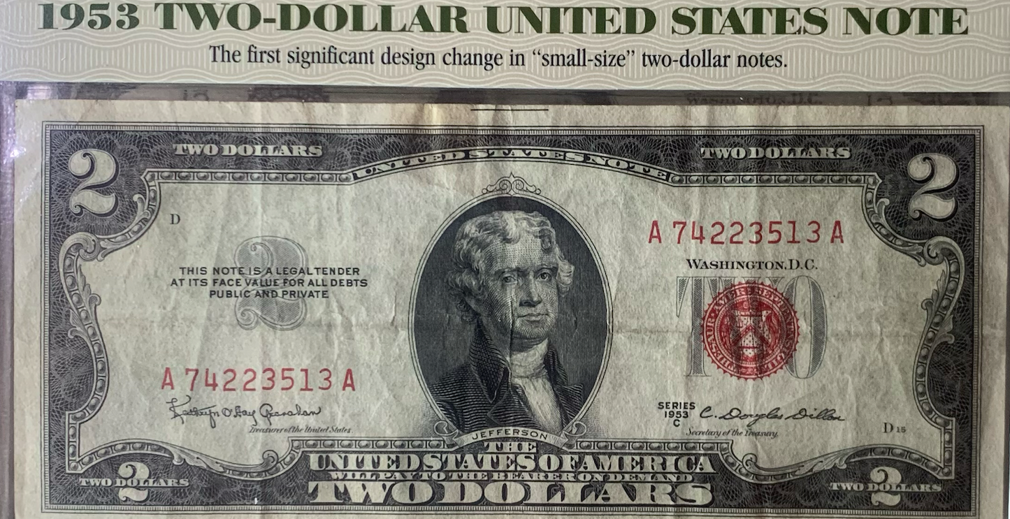 PCS $2 Notes Folio | 1928–1976 incl. Red Seal &amp; Uncut | Serial &amp; Value Listed