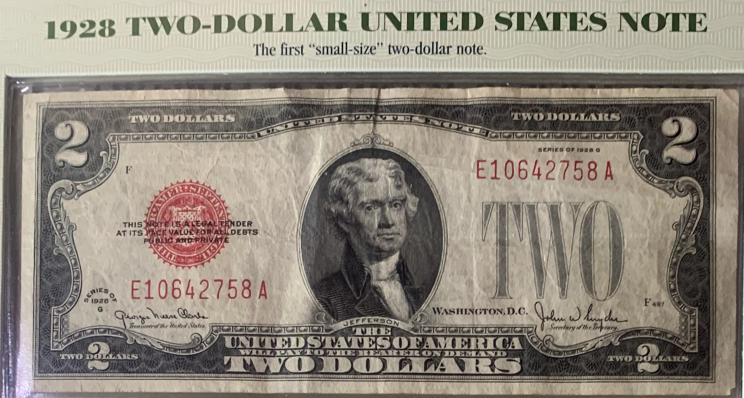 PCS $2 Notes Folio | 1928–1976 incl. Red Seal &amp; Uncut | Serial &amp; Value Listed