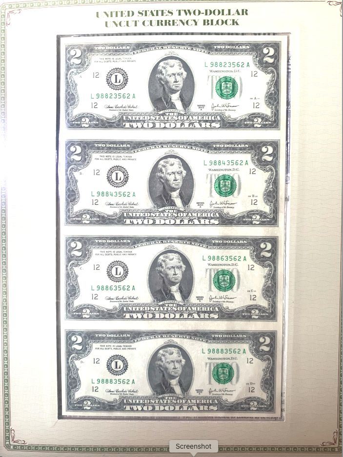 PCS $2 Notes Folio | 1928–1976 incl. Red Seal &amp; Uncut | Serial &amp; Value Listed