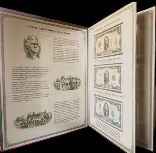 PCS $2 Notes Folio | 1928–1976 incl. Red Seal &amp; Uncut | Serial &amp; Value Listed