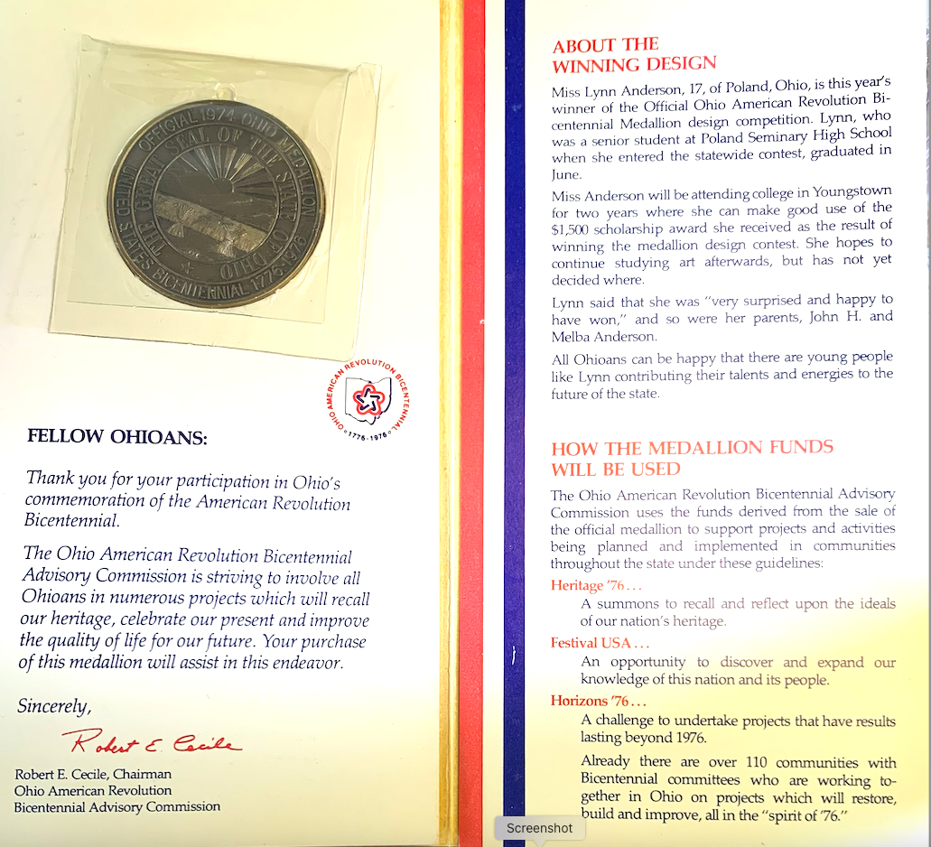 1974 Ohio Bicentennial Medallion – Lincoln Mint – Lynn Anderson Design