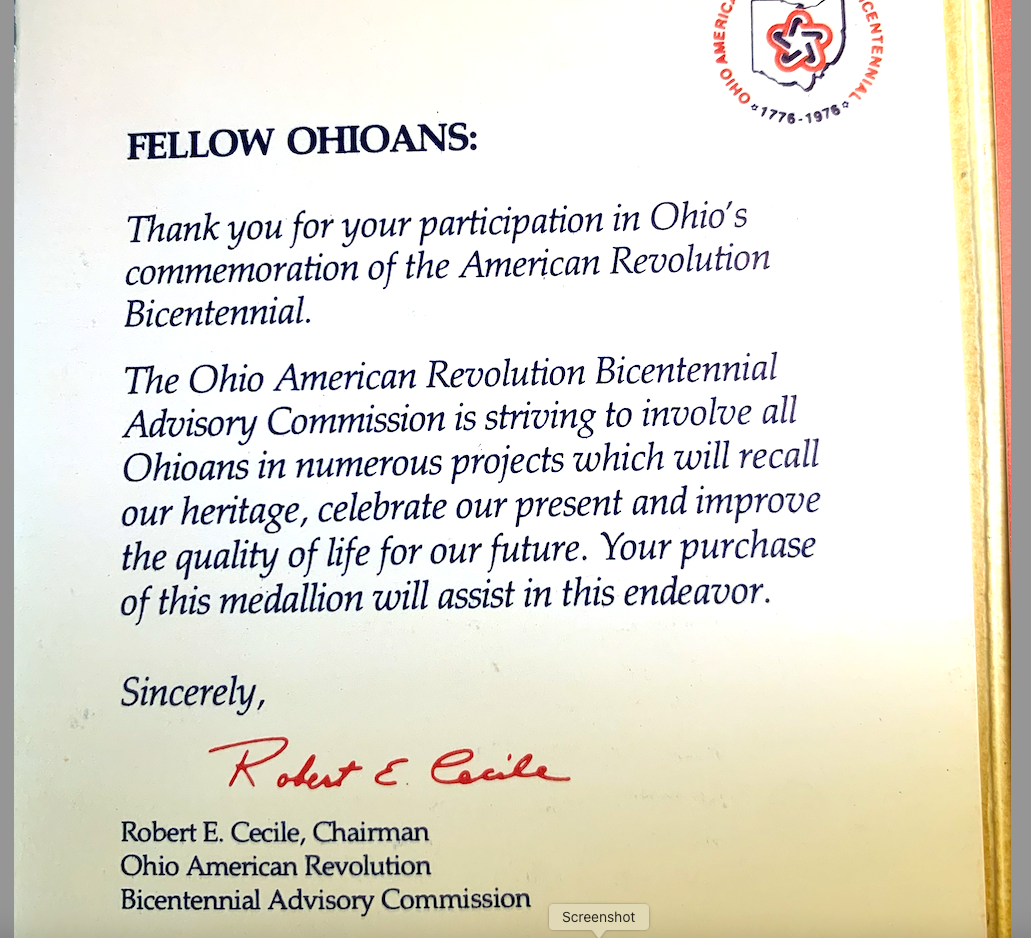 1974 Ohio Bicentennial Medallion – Lincoln Mint – Lynn Anderson Design