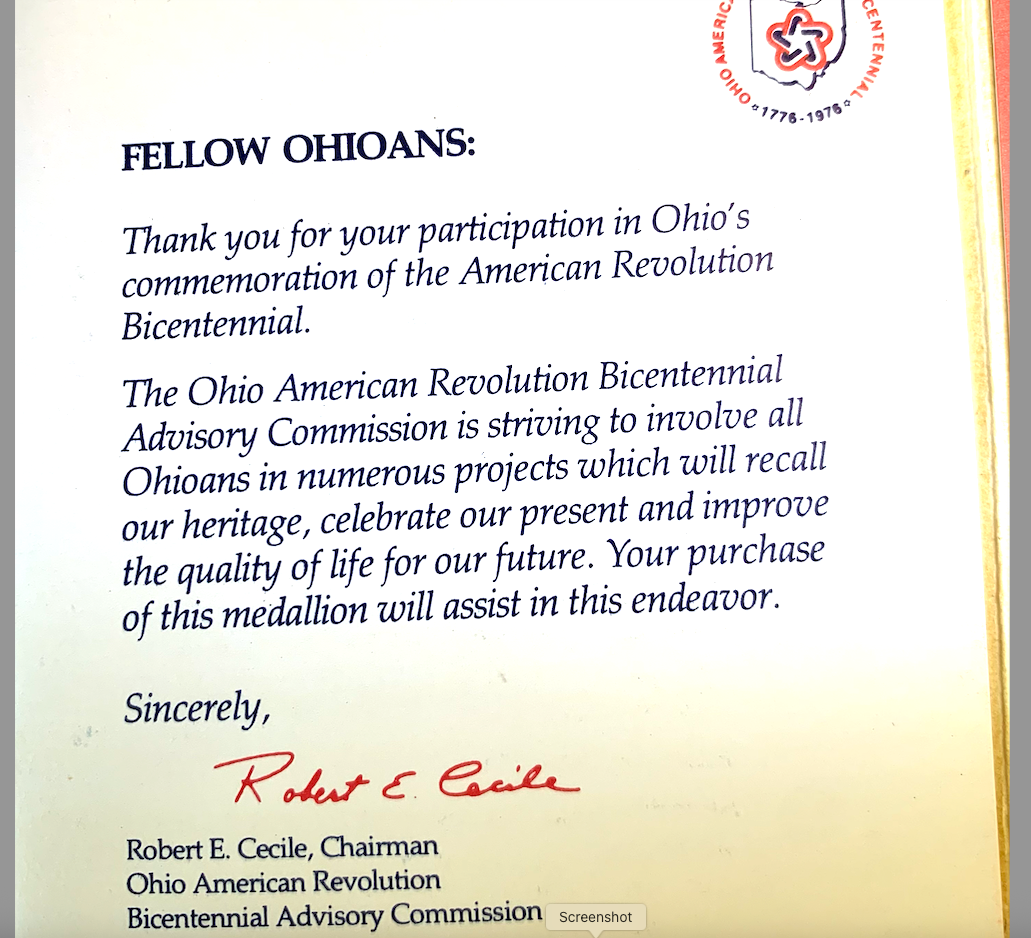 1974 Ohio Bicentennial Medallion – Lincoln Mint – Lynn Anderson Design