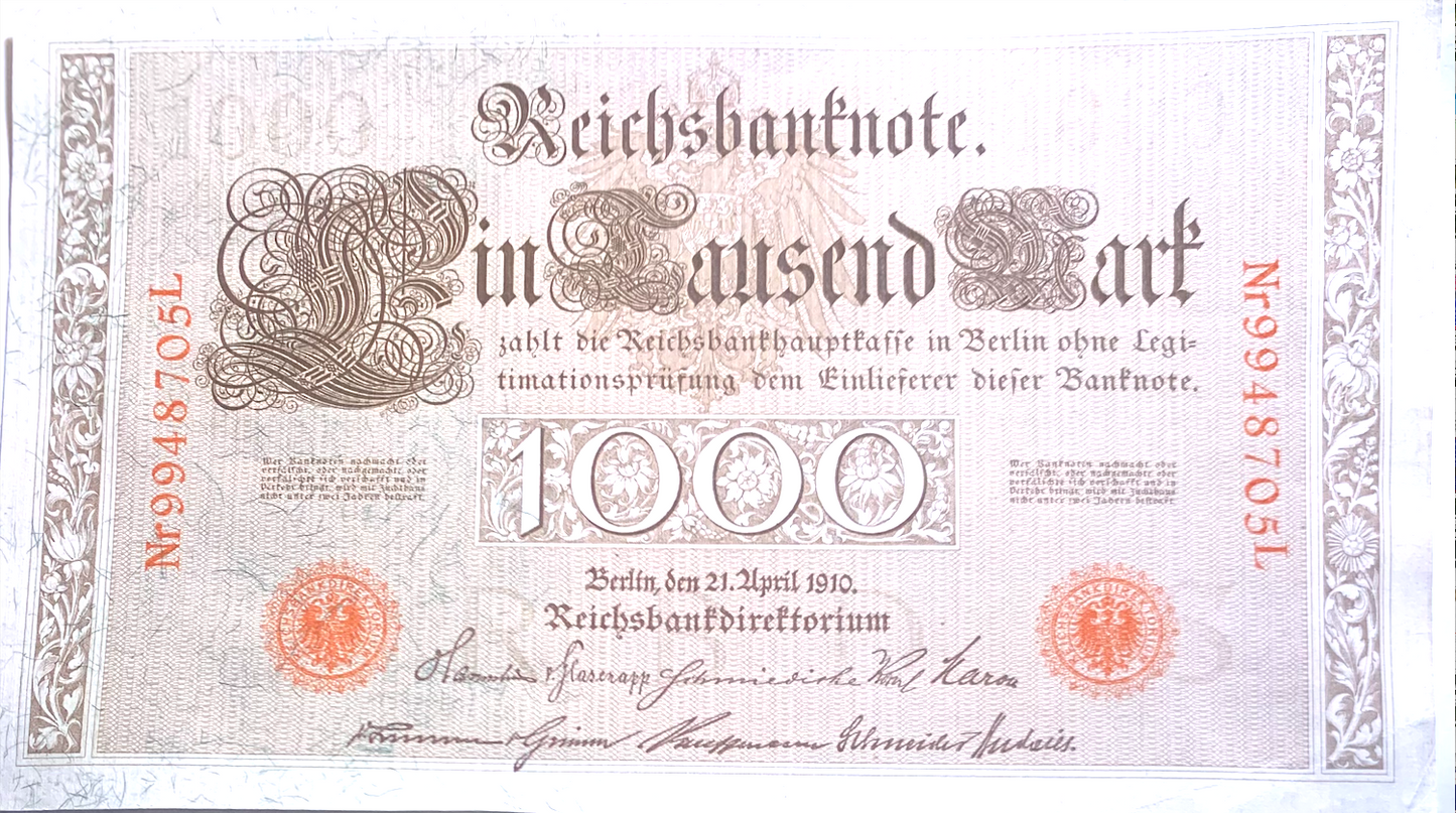1910 Germany 1000 Mark Banknote • P#44b • 7-Digit Serial • Wilhelm II Era