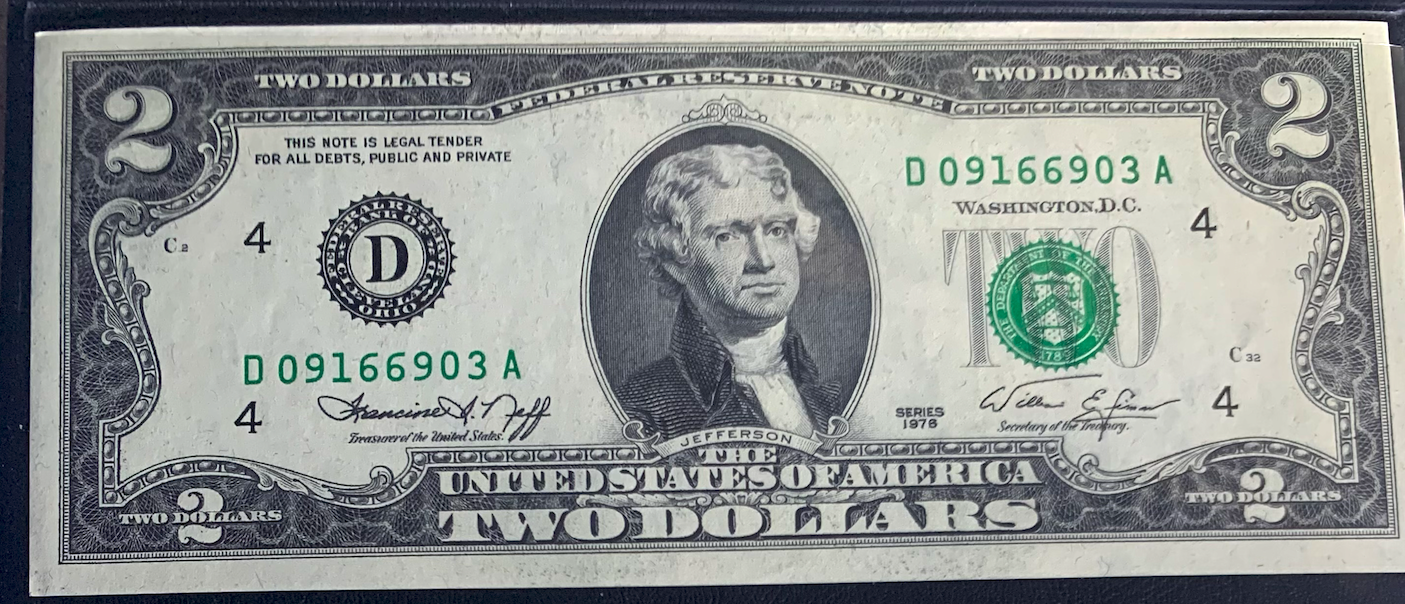 1976 $2 U.S. Federal Reserve Note • Cleveland D • UNC • Bicentennial Note