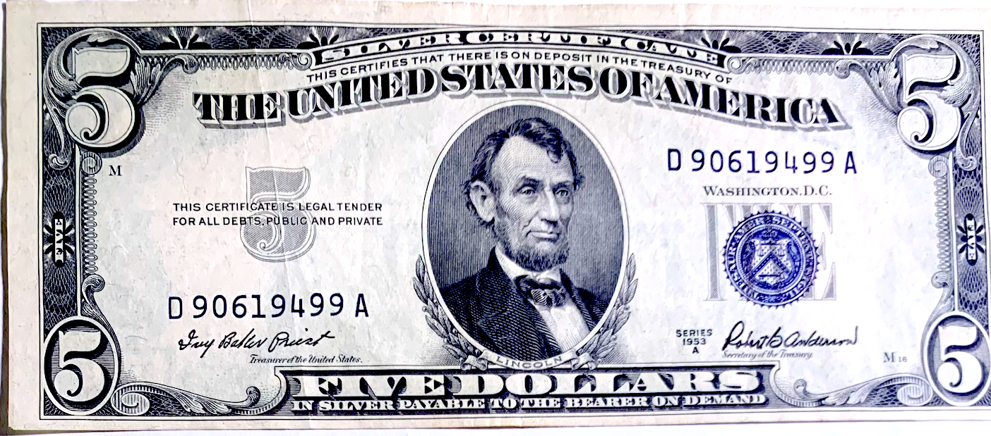 USA 1953-A $5 Silver Certificate, Lincoln Portrait, Fr.1656, P#417a