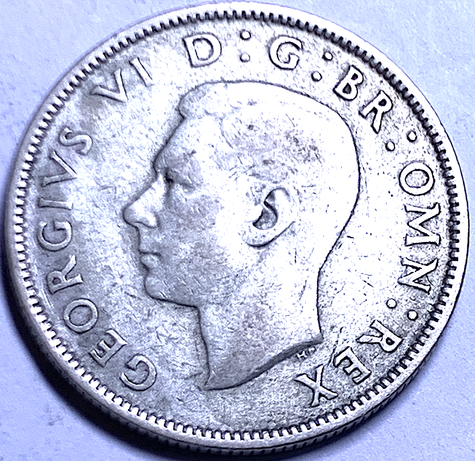 Pièce de 2 shillings britanniques de 1942 • George VI • 50 % argent • KM#855 • Tirage : 39,9 millions