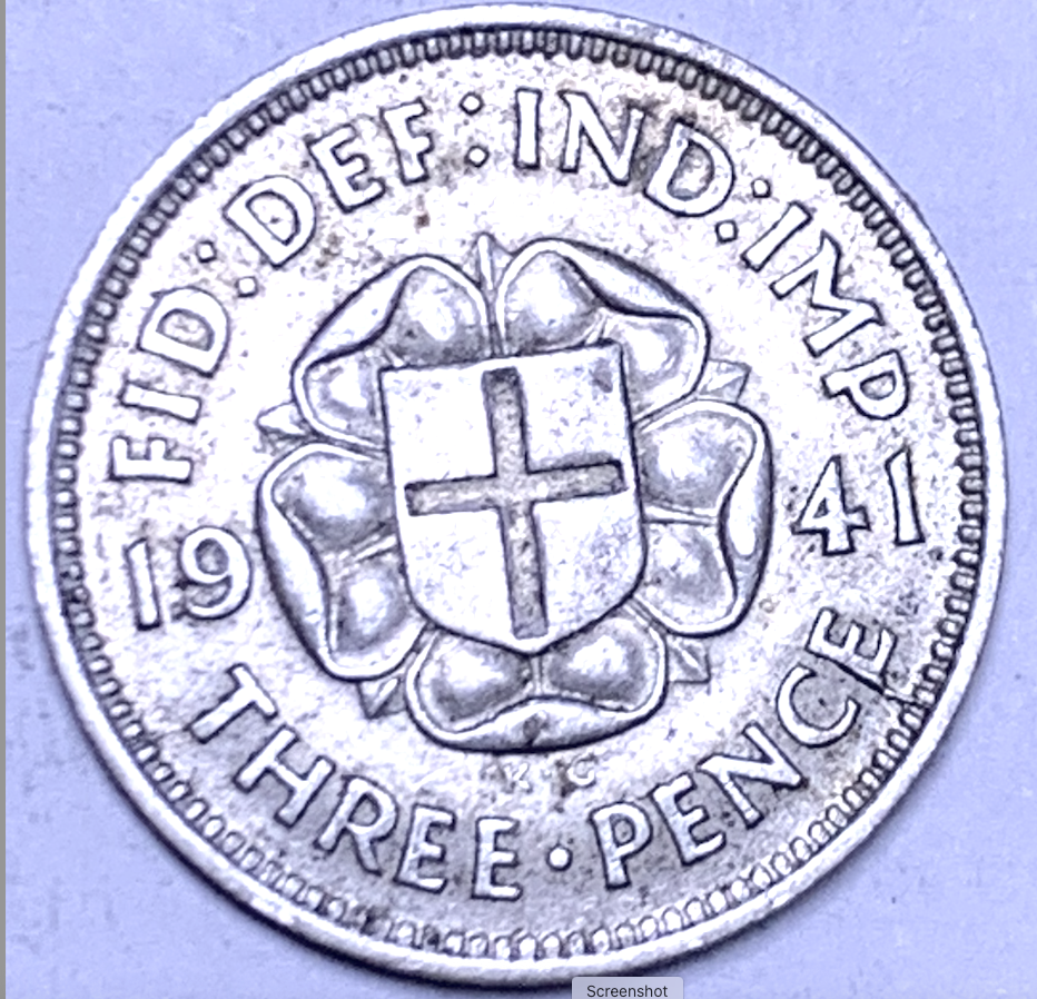 Moneda de plata de 3 peniques del Reino Unido de 1941, Jorge VI, KM#848 — Acuñación: 7,98 millones