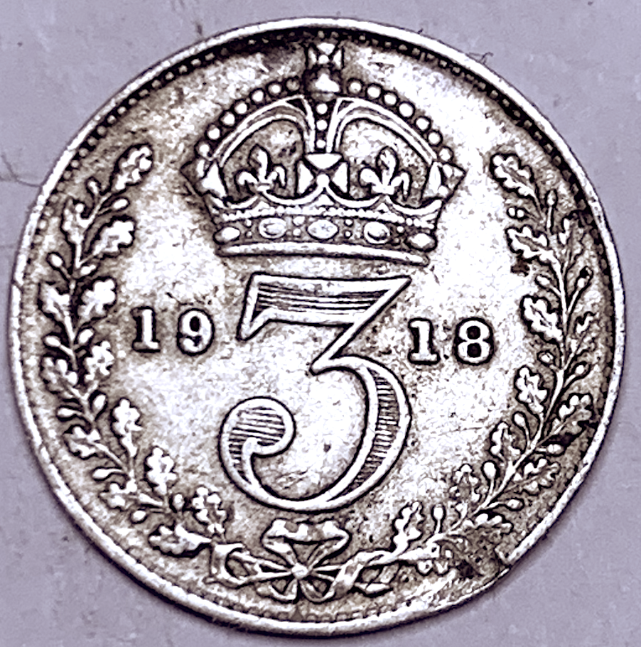 Moneda de 3d del Reino Unido de 1918 – Rey Jorge V – Plata esterlina – KM# 813 – Época de la Primera Guerra Mundial