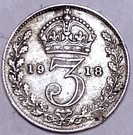 Moneda de 3d del Reino Unido de 1918 – Rey Jorge V – Plata esterlina – KM# 813 – Época de la Primera Guerra Mundial