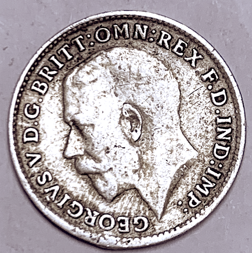 Moneda de 3d del Reino Unido de 1918 – Rey Jorge V – Plata esterlina – KM# 813 – Época de la Primera Guerra Mundial