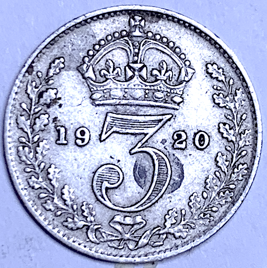 Royaume-Uni 1920 3 pence – George V – Argent 0,500 – KM# 813a – Première pièce en argent réduit